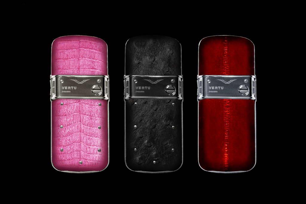 VERTU CONSTELLATION EXOTIC LEATHER LIMITED EDITION by MJ Mobile Phone from White Gold 750 & 888. Genuine Leather. Pink Cayman, Black Ostrich & Red Sea Eel Skin