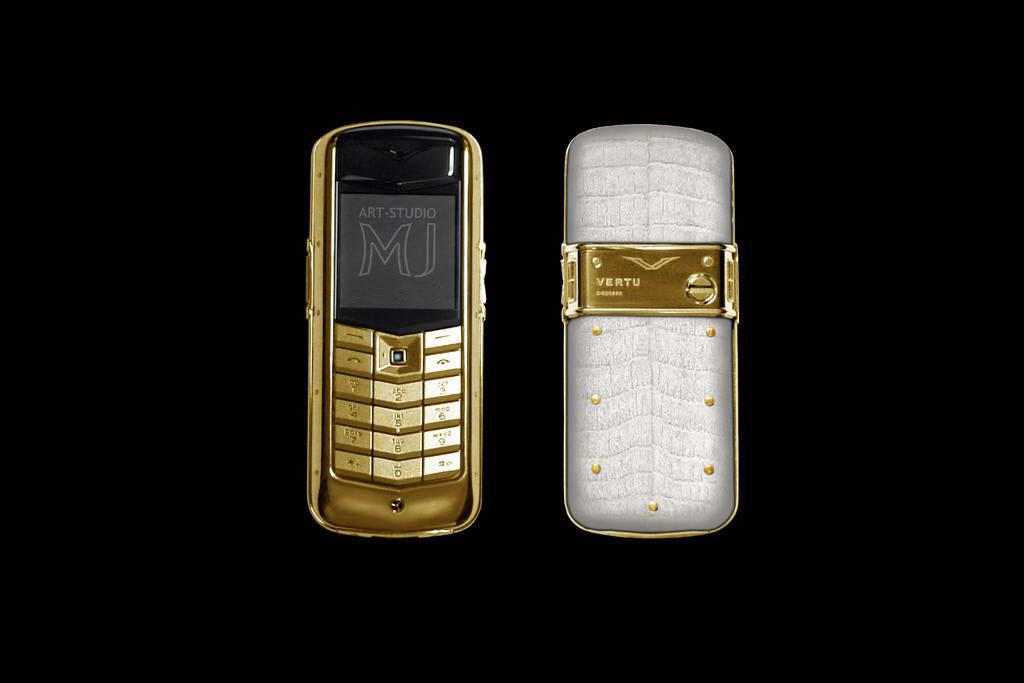 VERTU CONSTELLATION GOLD EXOTIC LEATHER CROCODILE LIMITED EDITION by MJ  Crocodile Cayman White Skin, Gold Phone and Rivets, Blue Diamond.