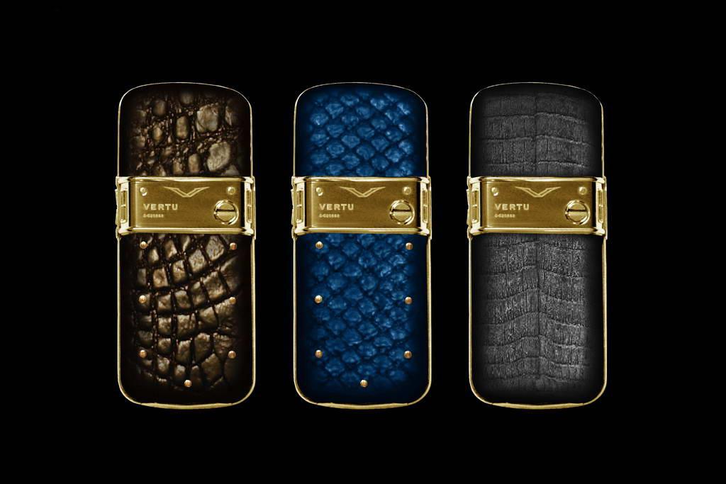 VERTU GOLD CONSTELLATION EXOTIC LEATHER LIMITED EDITION by MJ Mobile Phones from Pure Gold 999. Genuine Leather. Crocodile, Blue Anaconda & Gray Cayman Skin.